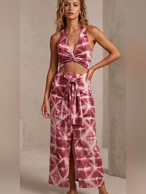 NWT Zara Tie Dye Maxi Dress Pink Deep V-Neck Knot Open Detail Size XS